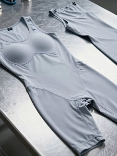 Crisp industrial flat-lay of finished compression garments on a dark metal table, bright cool-toned studio light, high-contrast technical details, sharp focus
