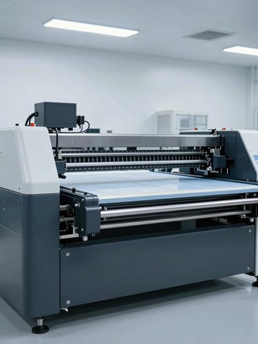 Wide-angle crisp industrial photography of high-tech sublimation printing machinery operating on a clean factory floor, cool-toned daylight, sharp focus.