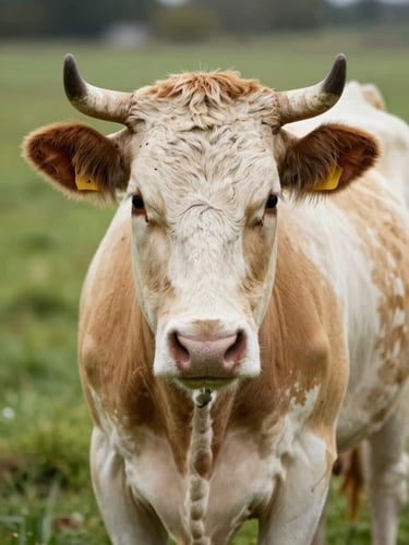 Close three-quarter portrait of a Jersey cow in north-facing daylight, soft cream and fawn coat detail filling the frame, calm dark eyes, green pasture visible behind her, intimate and documentary, no humans