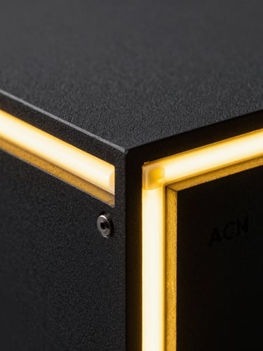 Extreme close-up macro shot of a precision-cut matte black ACM panel joint, glowing neon yellow LED light strip recessed inside, industrial architectural texture, sharp focus.