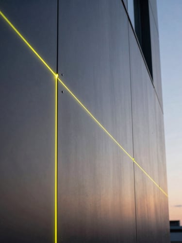 Close-up architectural shot of a premium dark ACM facade being installed, showing precise joints and neon-yellow alignment laser lines reflecting on the metallic surface, dusk lighting, structural realism.