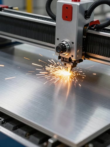 Extreme close-up of a premium brushed aluminum composite panel (ACM) being precisely cut by a CNC router, bright yellow sparks flying, industrial workshop lighting.