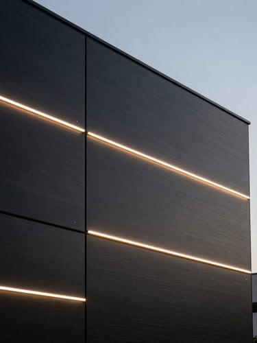 Close-up of a premium brushed black ACM facade with perfectly aligned joints and integrated LED lighting at dusk, São Paulo.