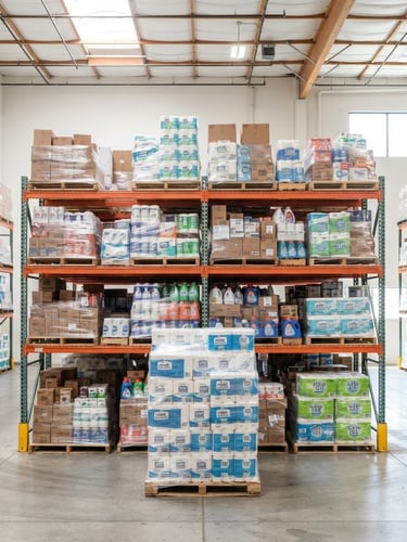 Straight-on eye-level shot of neatly stacked pallets of household goods in a bright, clean warehouse, high-key daylight, neutral industrial tones, sharp focus, 35mm lens.