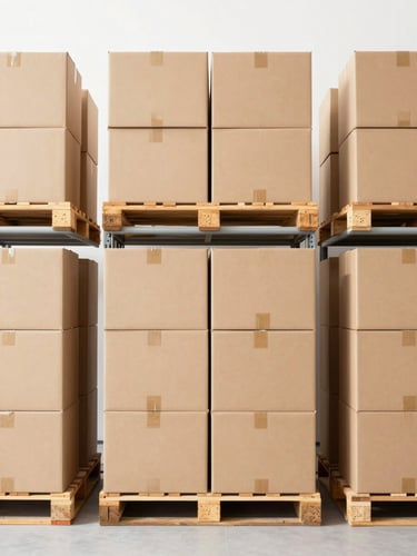 Straight-on eye-level shot of organized warehouse shelving with neatly stacked cardboard boxes on wooden pallets under bright clean daylight