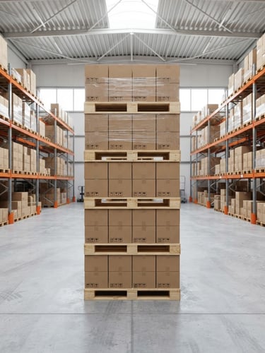 Straight-on eye-level shot of neatly stacked pallets with cardboard boxes in a bright modern warehouse, clean daylight, sharp focus