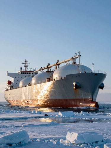 Massive industrial LNG tanker navigating icy North Sea waters, low-angle Arctic sun reflecting off steel hull, wide cinematic framing.