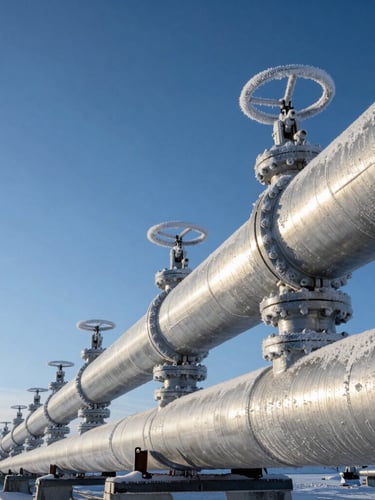 Low-angle Arctic sun reflecting off massive frost-coated steel natural gas pipelines, industrial valves, cold blue atmosphere, negative space on the left.