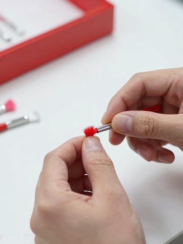 Close-up of a worker hand-assembling cosmetic brush bristles under bright sterile workshop lighting, clean red and white tones, sharp focus, 35mm lens