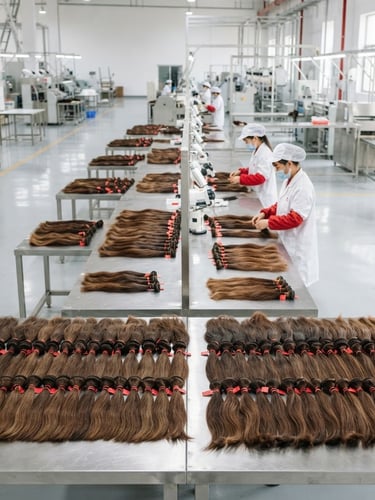 Crisp industrial photography of a clean factory floor, raw hair bundles organized on long steel tables, bright high-key lighting, red accents, sharp focus, 35mm lens