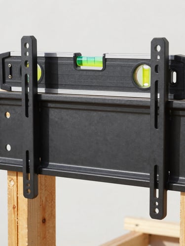 Straight-on close-up of a heavy-duty steel TV mount being anchored into wood studs, precision bubble level resting on top, bright natural daylight, clean workspace.