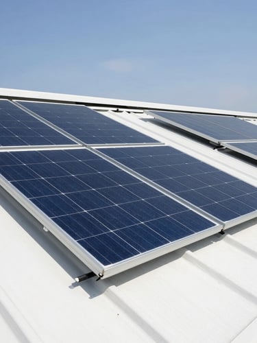 Crisp commercial photography of a flush-mounted solar panel array on a clean roof under bright daylight, level angle, 35mm lens