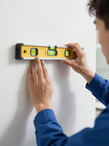 Crisp commercial photography of a technician's hands using a level on a clean, modern wall, bright natural daylight, sharp focus, 35mm lens