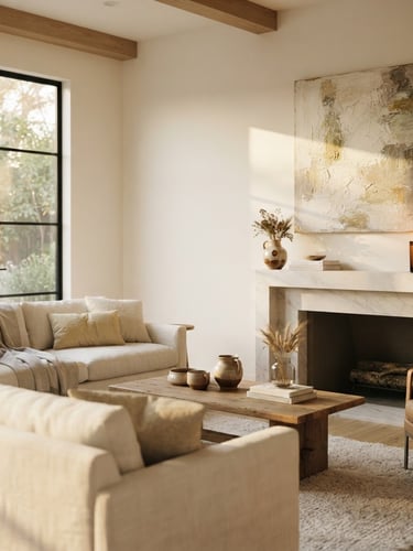 Wide shot of a sun-drenched minimalist living room, a glowing luxury candle on a marble mantel to the right, a textured abstract painting on the wall, soft golden-hour window light, rich ivory and muted gold tones, shallow depth of field, 35mm