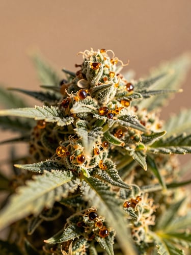 Macro extreme close-up of a premium, trichome-rich hemp flower, showing amber crystals and delicate sage green leaves, bathed in warm natural sunlight, shallow depth of field