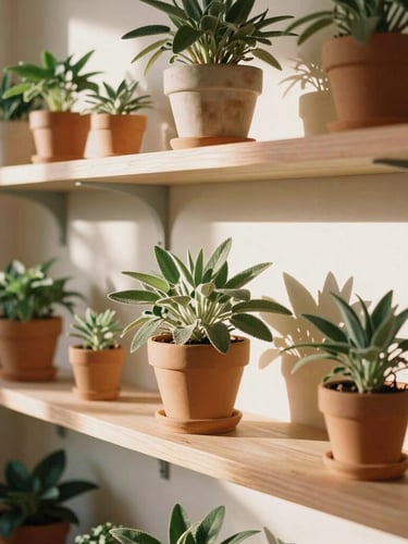 Warm sun-drenched interior of a minimalist botanical boutique in Miami, terracotta shelves, potted sage plants, soft golden-hour Florida sunlight casting gentle shadows, 35mm photography