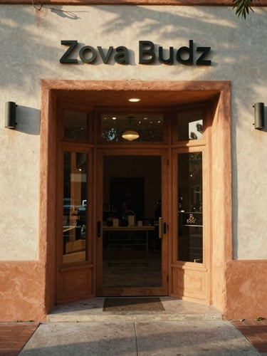 Warm editorial photography of Zova Budz terracotta storefront entrance in Miami, golden-hour Florida sunlight, soft shadows, 35mm film
