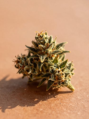 Macro shot of a trichome-rich botanical hemp flower resting on a warm terracotta surface, soft golden-hour Florida sunlight, shallow depth of field, 35mm film