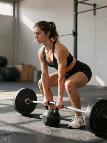 Action shot of Grace demonstrating a clean kettlebell deadlift with focused technique, bright natural daylight, high-contrast shadows, modern Tijuana gym environment, 35mm.