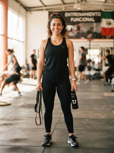 Bright athletic portrait of Grace, a physical educator with a warm and confident smile, standing in a naturally lit Tijuana training facility, wearing athletic gear, shallow depth of field, 35mm.
