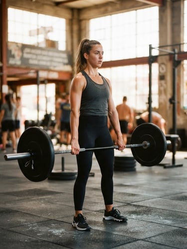 Bright athletic photography, Grace demonstrating proper lifting form in a daylight-filled Tijuana training studio, 35mm, crisp focus, shallow depth of field
