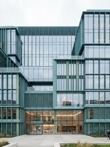 Clean structured composition of a modern energy-efficient corporate building facade, sharp architectural details, cool teal metal and glass, bright overcast daylight.