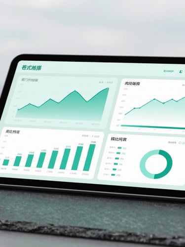 An elegant tablet displaying clean energy consumption dashboards and financial charts, placed on a slate desk, cool overcast natural light, sharp focus