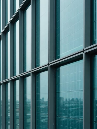Close-up of a modern architectural facade with clean lines and solar glass integration, bright overcast daylight, cool teal tones
