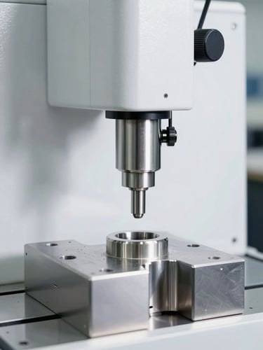 A spotless modern coordinate measuring machine probe verifying tolerances on a pristine CNC-milled steel part, bright daylight, sharp focus