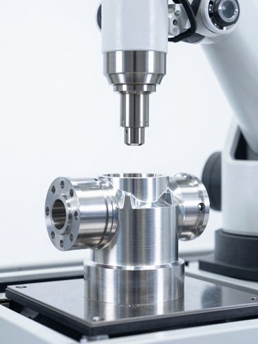Gleaming machined aluminum aerospace component held by robotic arm inside a pristine CNC mill, bright high-key studio lighting, crisp metallic reflections, sharp focus
