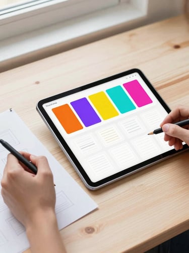 Overhead flatlay shot of a clean wooden workspace with hands sketching layout wireframes next to a tablet showing a vibrant brand guide, bright natural morning light