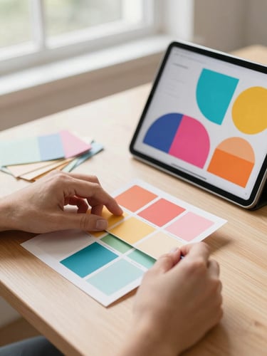 Close-up shot of a designer's hands arranging color swatches on a clean wooden desk next to an iPad displaying a vibrant, modern brand guide under soft window light.
