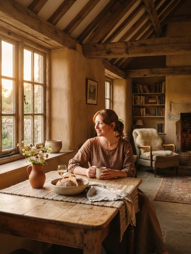 Warm editorial photography of a beautifully restored Norman farmhouse interior with exposed timber beams and soft clay-plaster walls, warm golden hour light streaming through a window, 35mm.