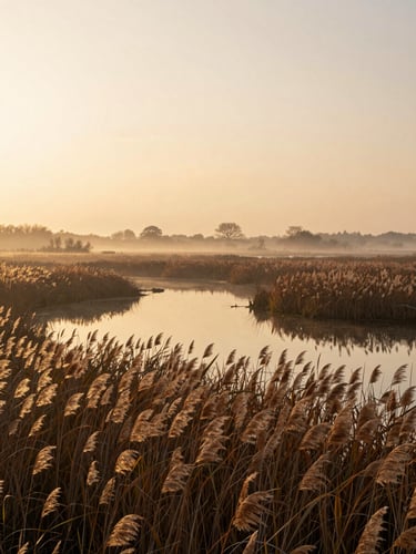 Wide panoramic shot of the misty Muance valley marshlands at sunrise, soft reeds in the foreground, calm water reflecting a pale golden sky, peaceful Normandy landscape.
