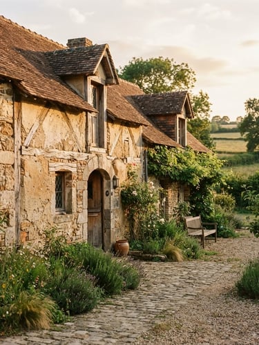 Warm editorial photography of the eco-restored Normandy farm buildings at golden hour, highlighting natural clay and lime textures, 35mm