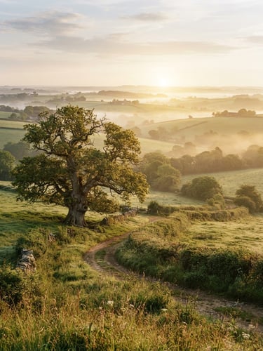 Wide panoramic view of the Normandy countryside at sunrise, soft golden mist over rolling green fields, ancient oak tree, warm editorial photography, 35mm