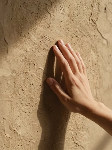 Close-up of a hand touching a textured clay and lime plaster wall, warm sunlight casting soft shadows, earthy organic feel, 35mm