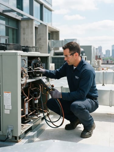 A professional technician in a clean navy uniform servicing a modern commercial HVAC system with technical tools, bright daylight, 35mm