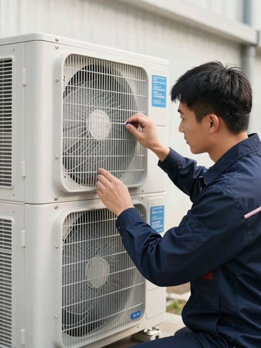 Medium close-up of a professional technician in a clean navy uniform inspecting a modern commercial HVAC system, bright natural daylight, technical neutral tones, sharp focus, 35mm