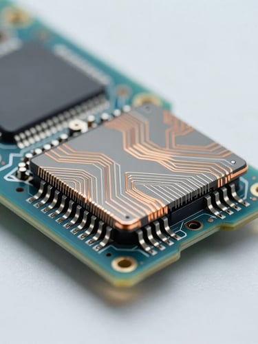 Macro technical photography of a multi-layer PCB cross-section, cool clinical cleanroom lighting, sharp focus on copper traces, 50mm
