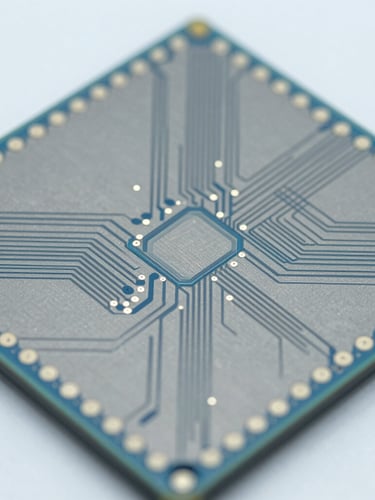 Extreme macro technical photography of a silicon wafer die under cool clinical cleanroom lighting, sharp focus, 50mm, showing micro-grooves and circuit pathways