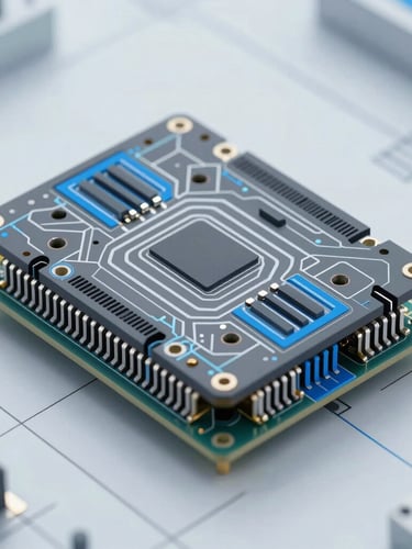 Top-down orthographic blueprint schematic of a multi-layer PCB cross-section, sharp vector lines, slate gray and signal blue accents on a light background