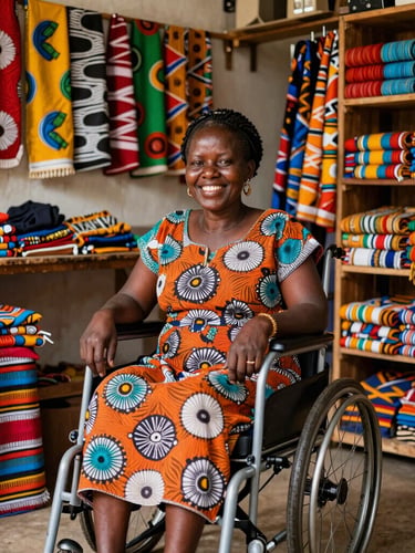 A medium eye-level shot of a Kenyan woman with a physical disability smiling warmly in her brightly lit tailoring shop in Nairobi, surrounded by colorful East African fabrics, warm natural light, 35mm