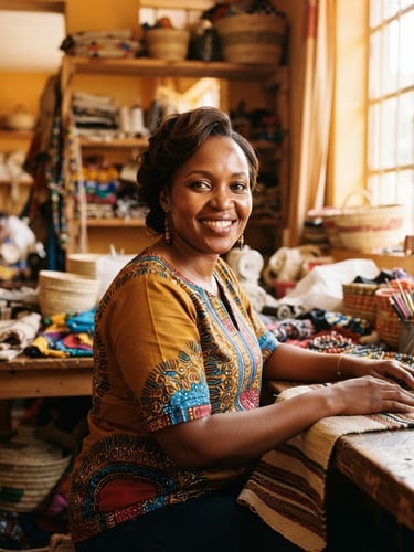 Empowering eye-level portrait of a Kenyan female entrepreneur in a bright, sunlit Nairobi workshop, smiling confidently at the camera, warm natural East African sunlight, rich ochre tones, 35mm
