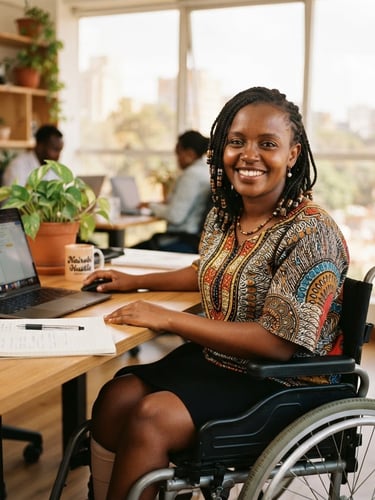 Dignified portrait of a smiling Kenyan woman with a physical disability sitting at her bright, sunlit office desk in Nairobi, warm editorial photography, 35mm.