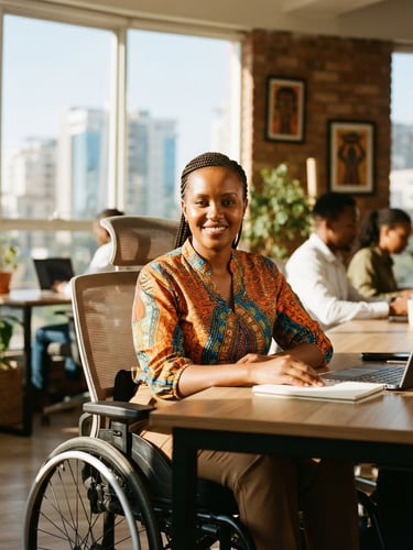 Warm editorial photography of a Kenyan woman with a physical disability sitting confidently in a sunlit Nairobi office, bright natural East African sunlight, eye-level empowering framing, 35mm