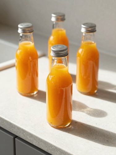 Close-up of clean amber glass bottles of sea buckthorn pulp juice on a warm-white stone kitchen counter, bright morning sunlight casting sharp shadows.