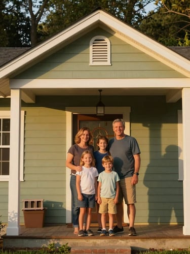 Medium environmental portrait of a smiling family standing on the porch of their newly restored, energy-efficient home, warm golden-hour daylight, soft forest green architecture in background