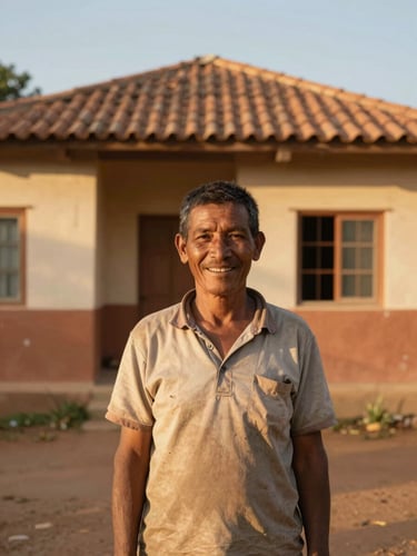 Warm environmental portrait of a local community member smiling in front of a newly restored terracotta-accented home, soft golden-hour daylight, medium format.