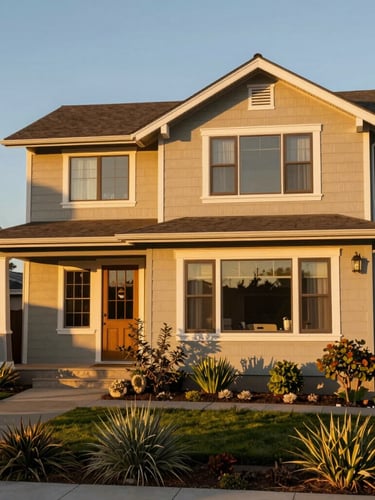 A medium shot of a beautifully restored energy-efficient craftsman home at golden hour, warm light reflecting off clean windows, a native garden in the foreground.
